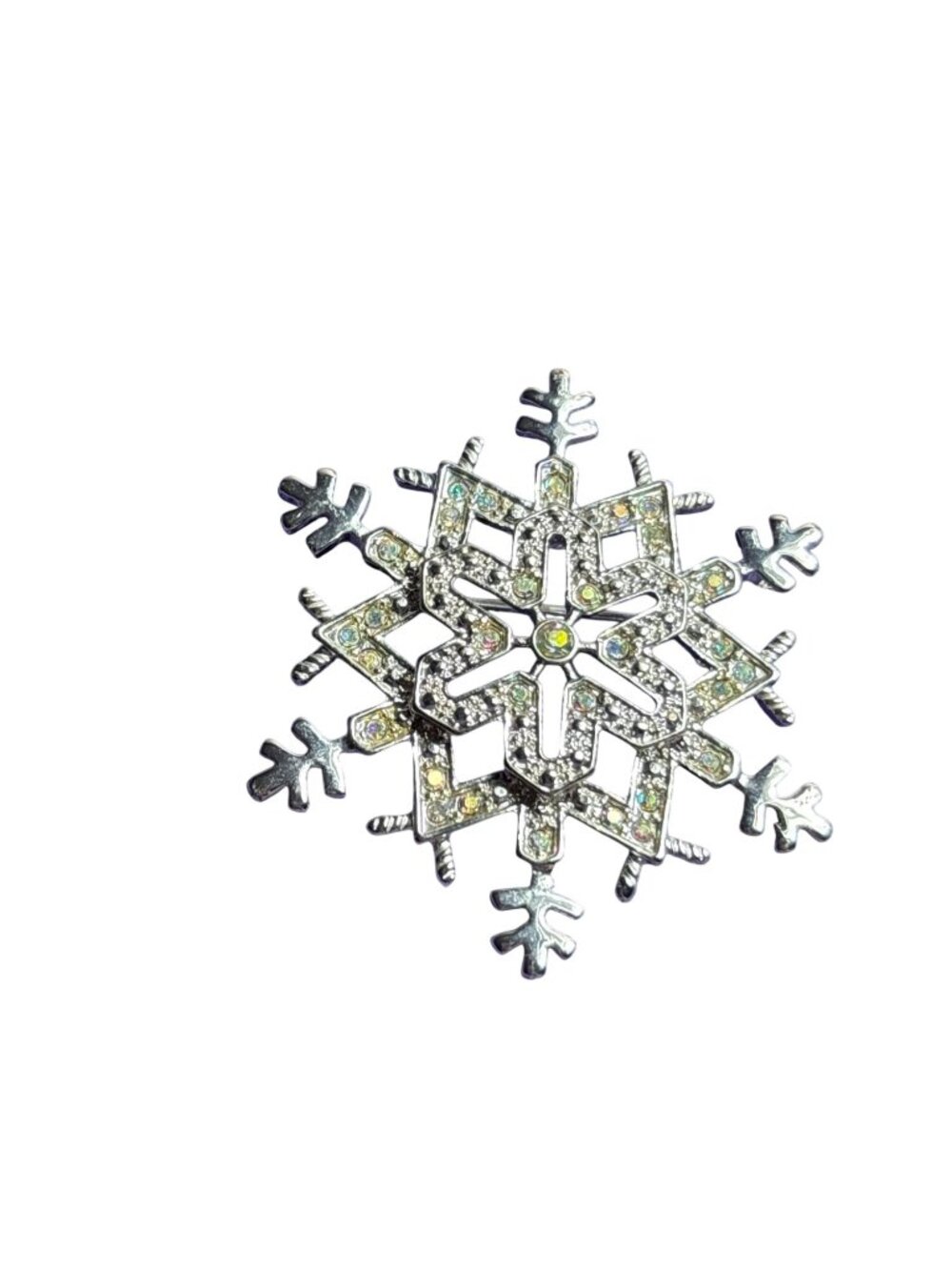 Vintage Silvertone Snowflake Brooch AB Aurora Borealis Rhinestones 2 inches